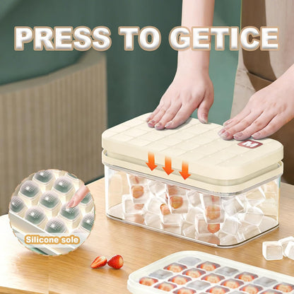 Compact Ice Cube Tray with Lid and Bin, Mini Press-Type Ice Cube Maker for Freezer, Space-Saving Small Ice Bucket with Tongs for RV, Office, Mini Ice Cube Trays & Water Bottles, BPA-Free (Green)