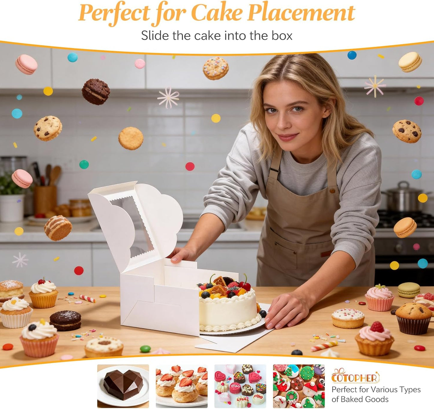 COTOPHER 50 Pcs Cake Boxes 8 Inch, 8x8x5 Inches Cake Containers (25 Boxes & 25 Boards), White Bakery Boxes with Windown for Cookies, Desserts, Cupcake, Pastries, Birthday, Wedding, Mother's Day