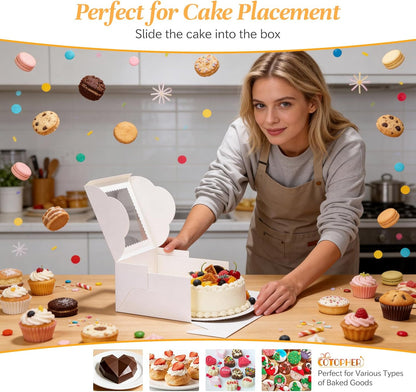 COTOPHER 50 Pcs Cake Boxes 8 Inch, 8x8x5 Inches Cake Containers (25 Boxes & 25 Boards), White Bakery Boxes with Windown for Cookies, Desserts, Cupcake, Pastries, Birthday, Wedding, Mother's Day