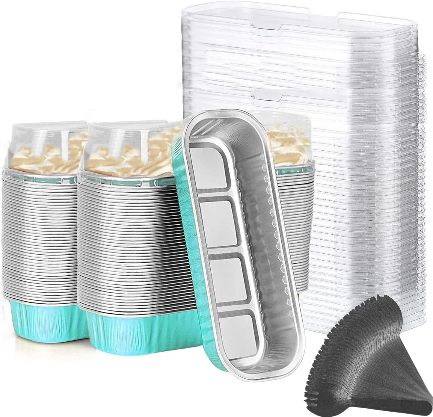 Findful Mini Loaf Baking Pans with Lids and Spoons (50 Pack, 6.8oz) Rectangle Aluminum Foil Baking Pans Tins Containers - Cupcake Containers Wrappers Cheesecake Creme Brulee Ramekins