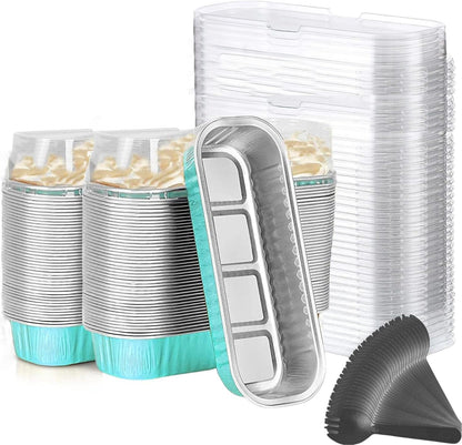 Findful Mini Loaf Baking Pans with Lids and Spoons (50 Pack, 6.8oz) Rectangle Aluminum Foil Baking Pans Tins Containers - Cupcake Containers Wrappers Cheesecake Creme Brulee Ramekins