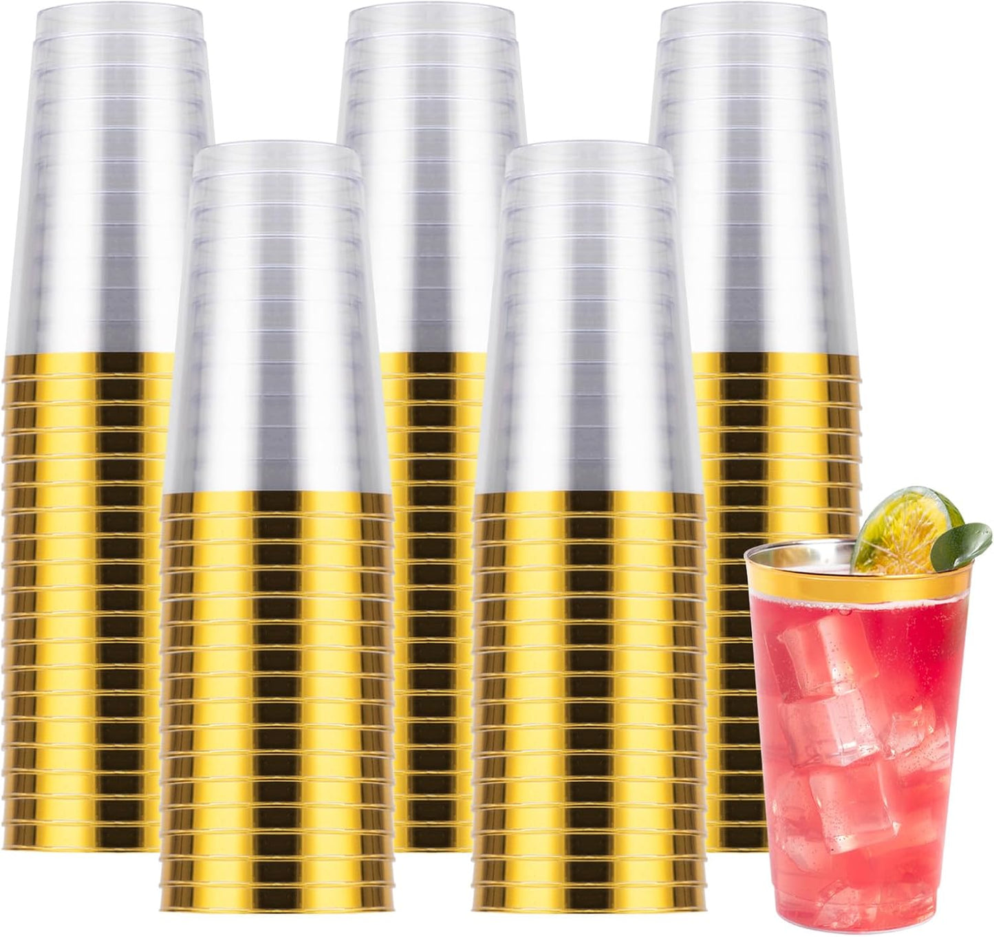 Goodluck 100PCS 9oz Gold Plastic Cups for Party, Disposable Gold Rim Cups, Plastic Cocktail Glasses for Wedding Thanksgiving, Christmas, and Parties