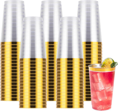 Goodluck 100PCS 9oz Gold Plastic Cups for Party, Disposable Gold Rim Cups, Plastic Cocktail Glasses for Wedding Thanksgiving, Christmas, and Parties