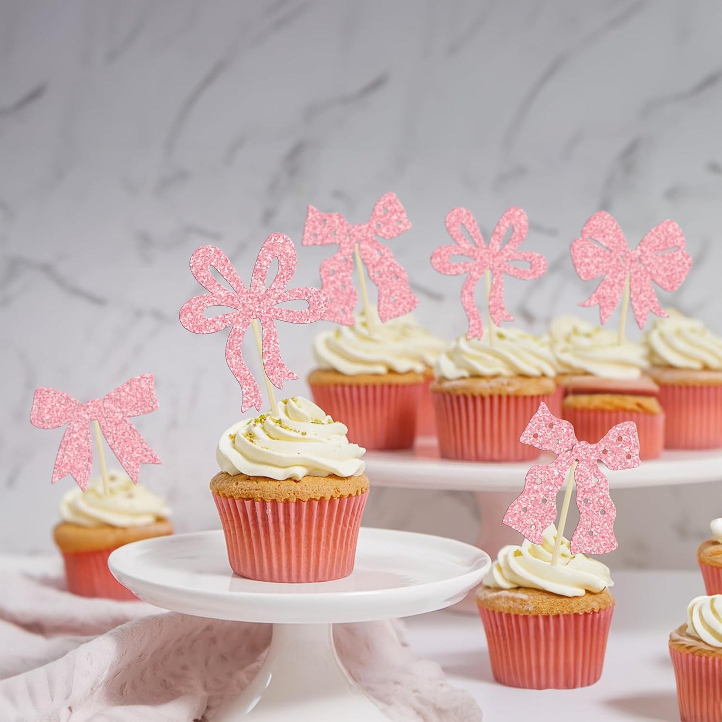 Ephlyn 24Pcs Pink Bow Cupcake Toppers Bow Birthday Cake Topper Girls Birthday Party Decorations Bowknot Cupcake Decorations for Bridal Wedding Themed Party Multi