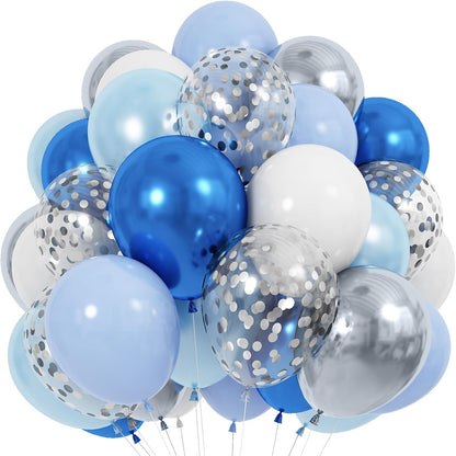 60 Pcs Blue and Silver Balloons, Navy Royal Blue Silver Party Balloons with Metallic Confetti Helium Latex Balloons for Birthday Baby Showers Fathers Day 2025 Graduation Decoration