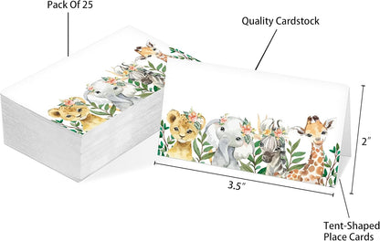 Table Place Card, Jungle Safari Animals Themed Tent Style Cards, Pack of 25 Half-Fold Reception Place Card, Gold Wild Animal Food Labels, Perfect for Baby Shower, Birthday Party C08