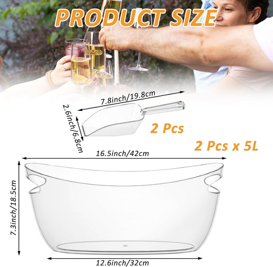 2 PCS Clear Ice Bucket Set - 5L Ice Buckets for Parties with Ice Bucket Scoop, Champagne Beer Tub Wine Beverage Bucket for Cocktail Bar, Parties, and Events
