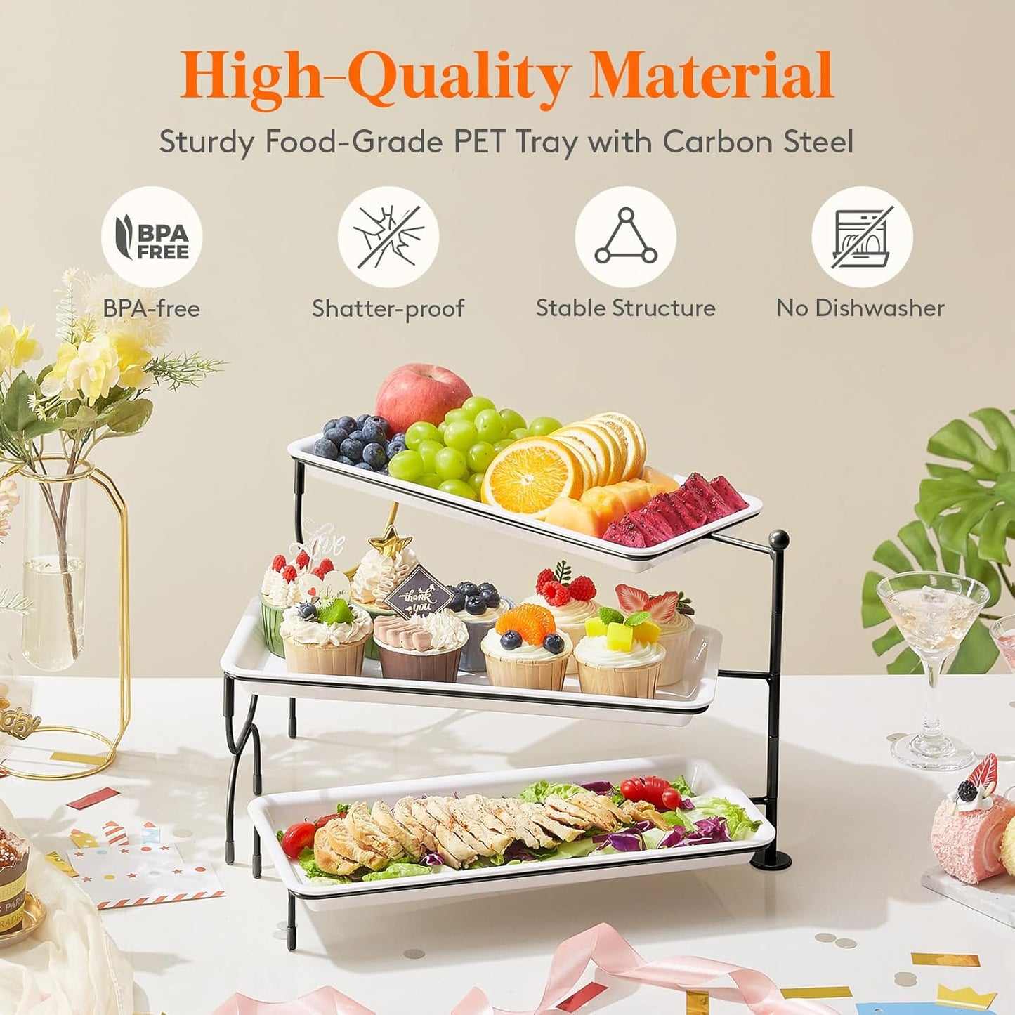 Lifewit 3 Tier Serving Tray, 30 x 17 cm/12 x 6.5" White Plastic Tiered Food Serving Platters, Tiered Tray Stand for Party with Black Collapsible Metal Stand, Dessert Display Stand for Cookies/Crackers