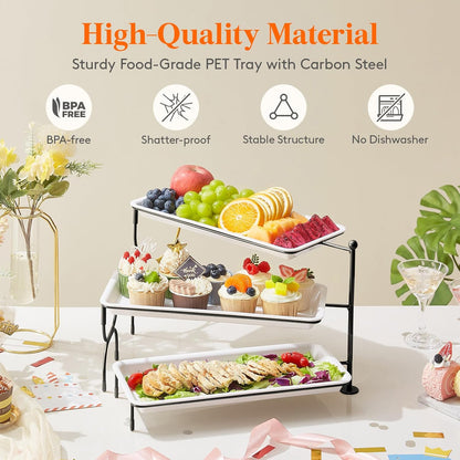 Lifewit 3 Tier Serving Tray, 30 x 17 cm/12 x 6.5" White Plastic Tiered Food Serving Platters, Tiered Tray Stand for Party with Black Collapsible Metal Stand, Dessert Display Stand for Cookies/Crackers