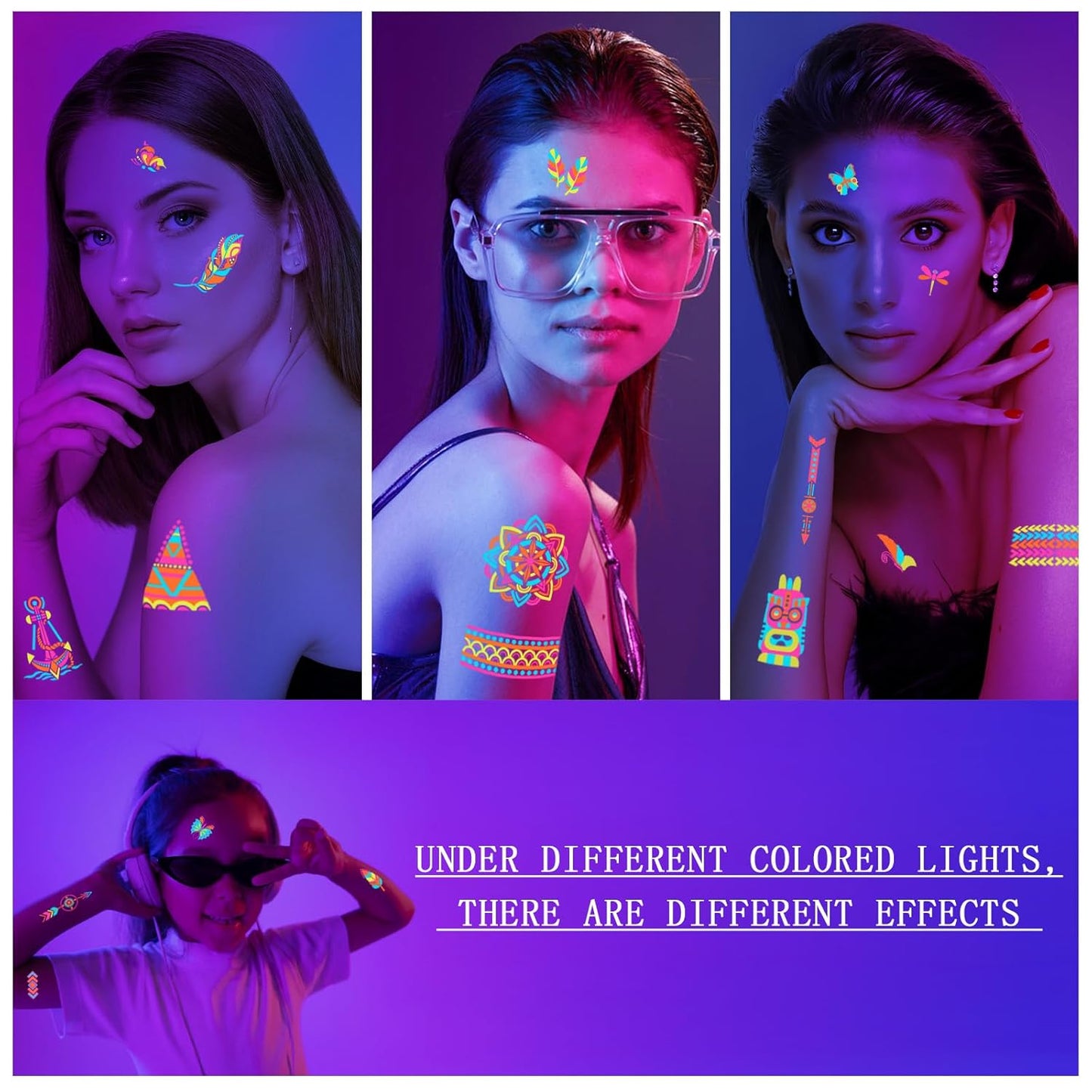 201pcs Glow In the Dark Tattoos for Party Supplies, Glow Temporary Tattoos Under Neon UV Blacklight for Kids Teens and Adult, Glow in The Dark Party Decorations, Glow Party Favors