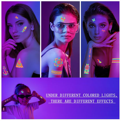 201pcs Glow In the Dark Tattoos for Party Supplies, Glow Temporary Tattoos Under Neon UV Blacklight for Kids Teens and Adult, Glow in The Dark Party Decorations, Glow Party Favors