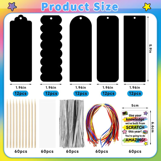 60 Set End of Year Gifts Magic Scratch Rainbow Bookmarks Making Kit, Scratch Paper DIY Bookmarks with Bamboo, Scratch Art Bookmark Craft for School Party Favor