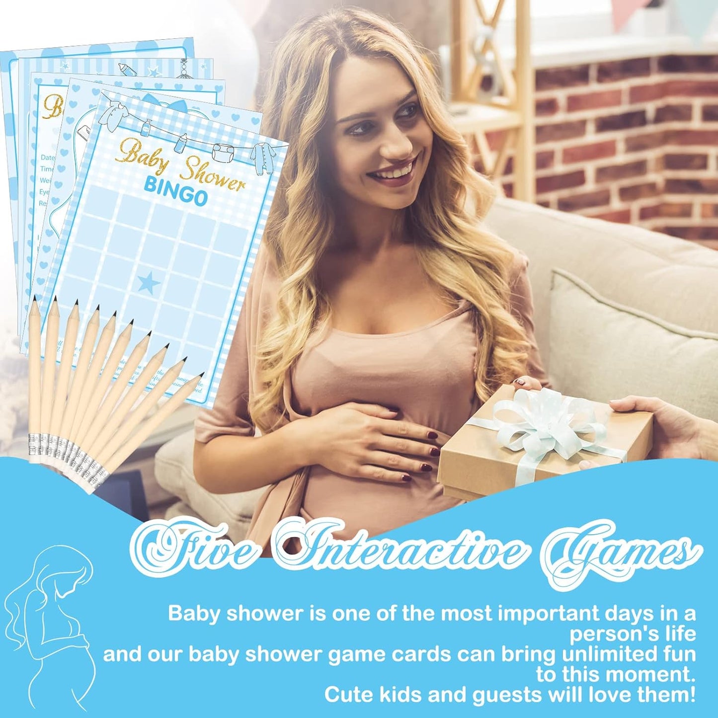 Yinder 145 Pcs Baby Shower Games Activities Cards with 20 Pencils Includes Baby Bingo Description and Wishes Guess Who Price is Right Word Scramble Game(Here Comes the Son)