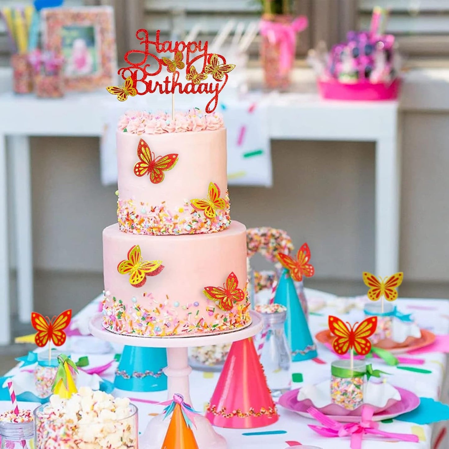 13-Pieces 3D Butterfly Cupcake Topper for Girls Women's Happy Birthday Cake Decorations Party Decorations(Pink)