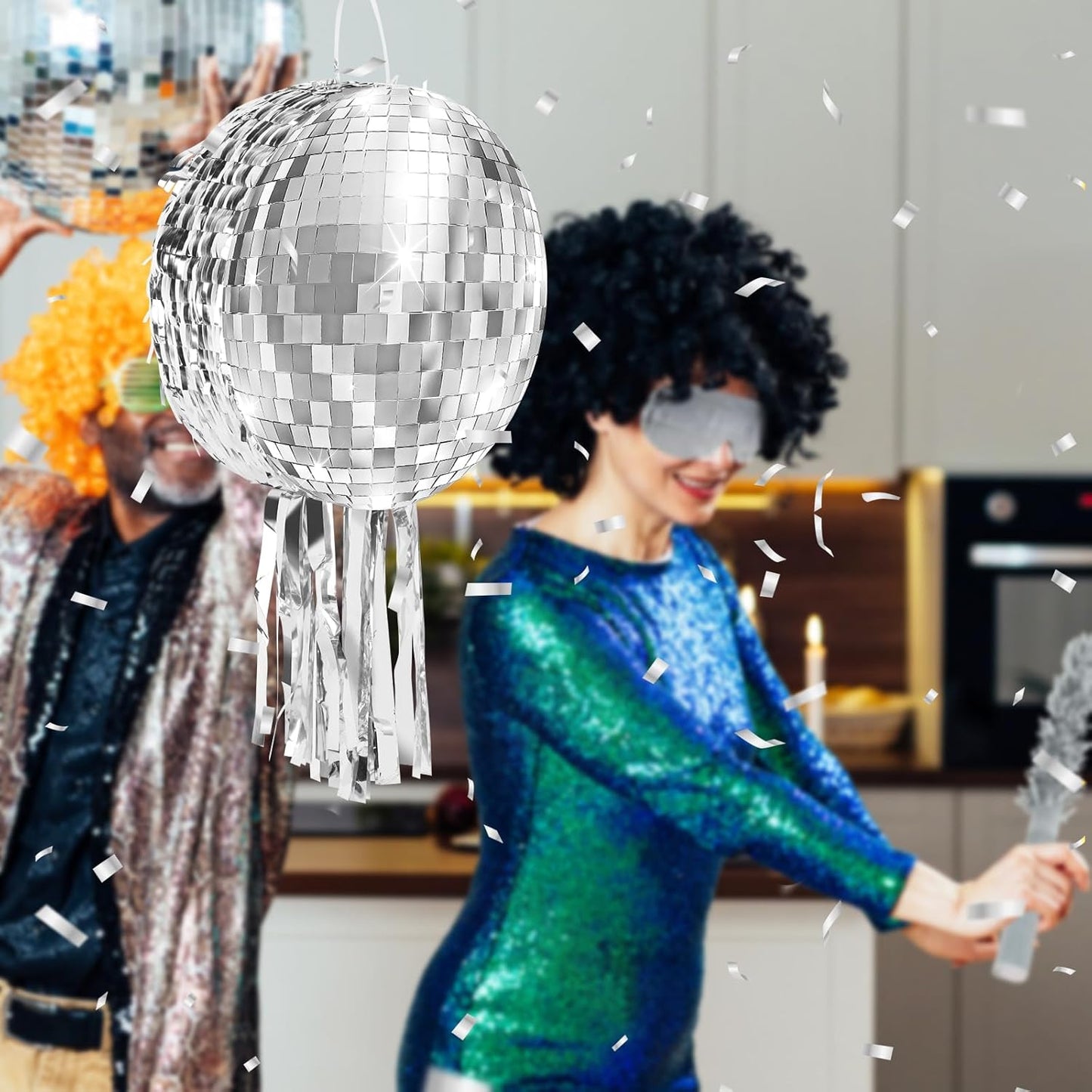 Disco Ball Pinata with Stick and Blindfold 80s 90s Theme Party Decorations Silver Mirror Disco Ball Pinata for Birthdays Weddings Roller Skating Party Supplies