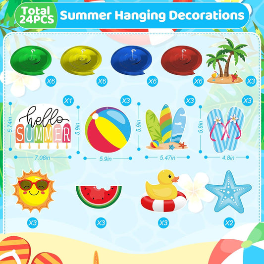 24Pcs Summer Hanging Decorations, Summer Party Ceiling Swirls Cutouts, Beach Theme Hanging Swirls for Home Office Classroom Birthday Beach Party Ceiling Decoration