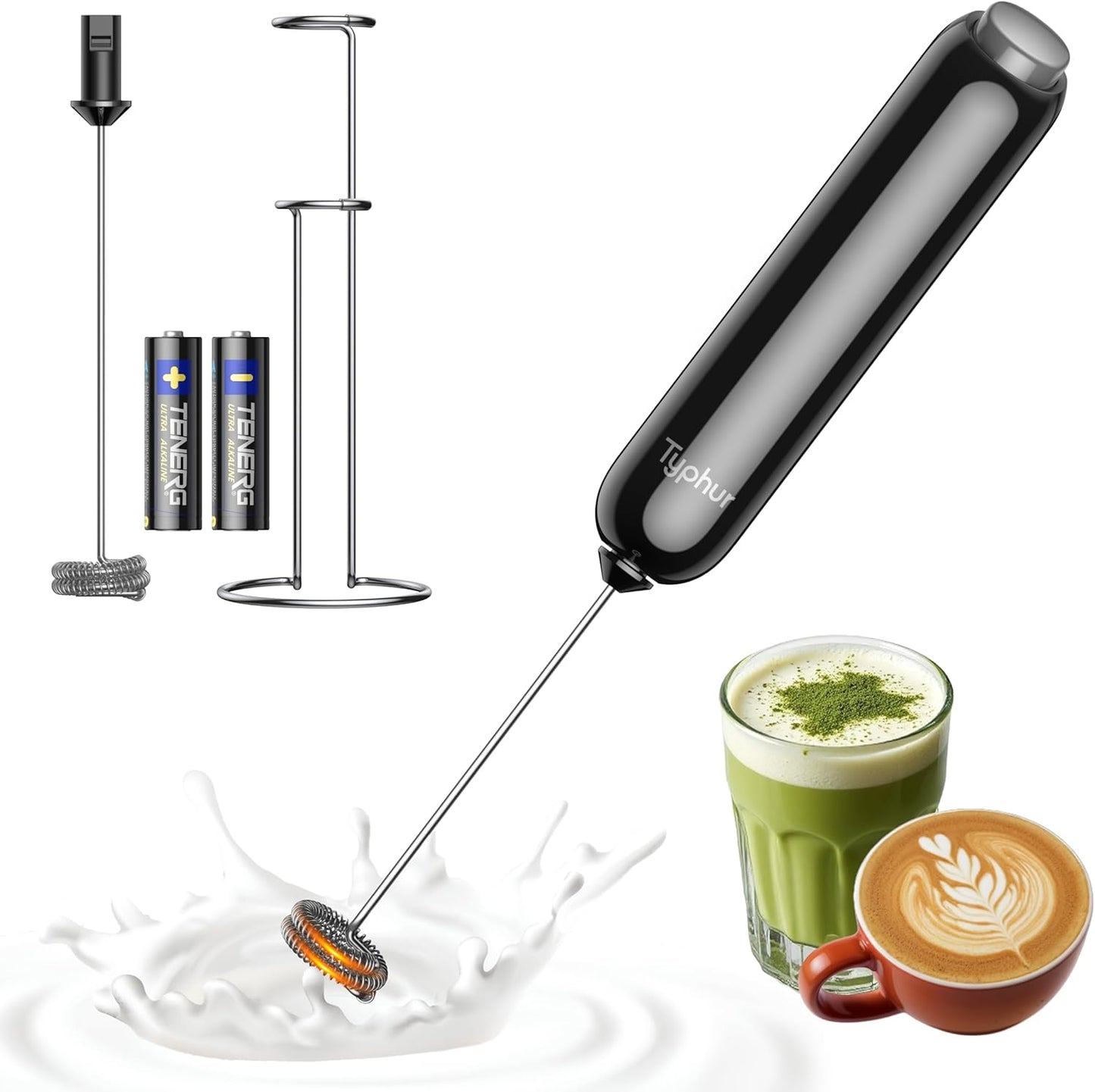 InstaWhisk Milk Frother with Variable Speed, Battery Operated Handheld Coffee Foam Frother Wand, Electric Drink Mixer with Stand & Detachable Double Whisk, Stainless Stirrer for Latte, Matcha, Protein