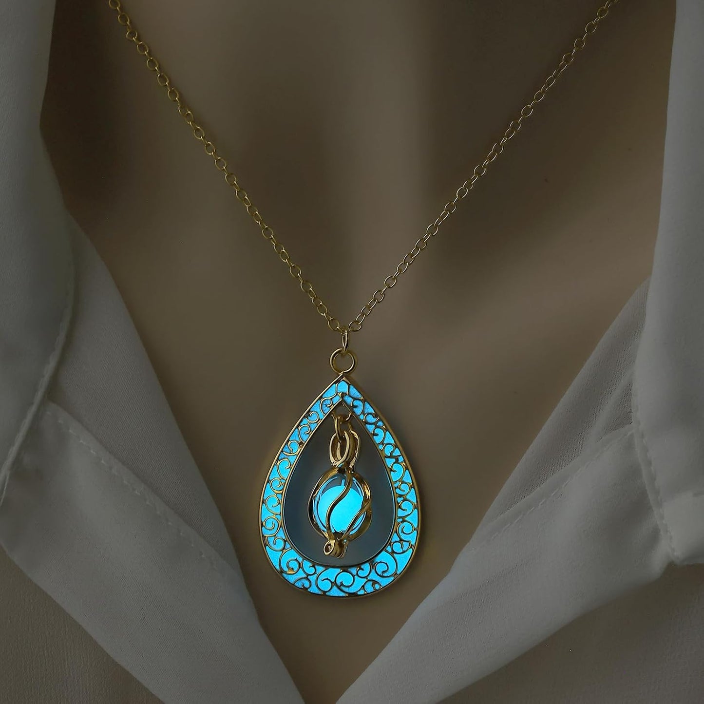 EEQQBZ Glow in The Dark Silver Teardrop shape necklace,Fantasy Glowing Jewelry Charm
