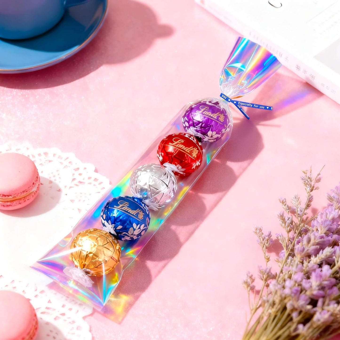 5x7 Inch Iridescent Cellophane Treat Bags with Twist Ties, Treat Bags for Candy Cookie Goodie Chocolates, And Popcorn