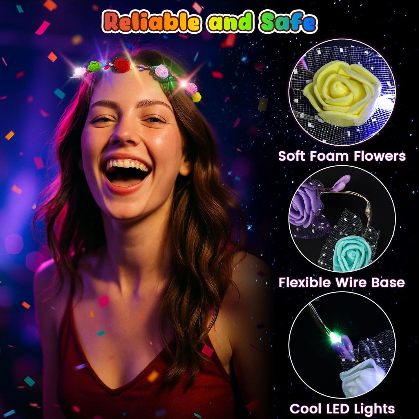 LovesTown 24PCS Flower Crowns Headbands, Light Up Headband Flower Crowns For Women, Glow in the Dark Party Supplies for Raves Birthday Wedding Favors Cosplay