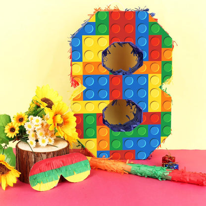 Number 7 Pinata Building Blocks with Pinata Stick Blindfold 7th Birthday Party Decorations Happy Birthday Building Block Theme Anniversary Party Supplies for Kids (Small, 16 x 10.6 x 3 in)