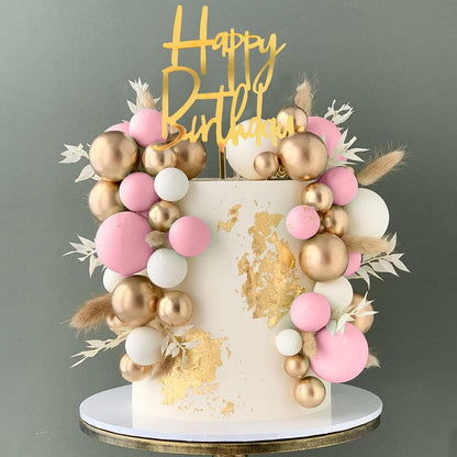 Khaki Balls Cake Topper Boho Grass Cake topper Khaki White Gold Pearl Balls Happy Birthday Cake Decorations for Wedding Birthday Boho Themed Supplies (Khaki)
