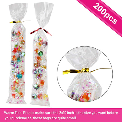 Cello Cellophane Treat Bags,5x7 Inches Clear Cellophane Bags 200 Pcs OPP Plastic Treat Bags with 200 Twist Ties for Gift Wrapping,Packaging Candies,Dessert,Bakery, Cookies, Chocolate,Party Favor