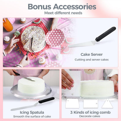 Cake Turntable, Ohuhu Aluminium 12'' Cake Decorating Kit Supplies Rotating Stand Revolving Spinner with 2 Icing Spatula 3 Comb Smoother