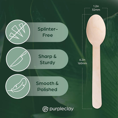 PURPLECLAY Wooden Disposable Utensils Set, 360 PCS Compostable Silverware (120 Forks, 120 Spoons, 120 Knives) Eco Friendly, Plastic-Free Cutlery for Parties & Catering, Alternative to Bamboo Utensils