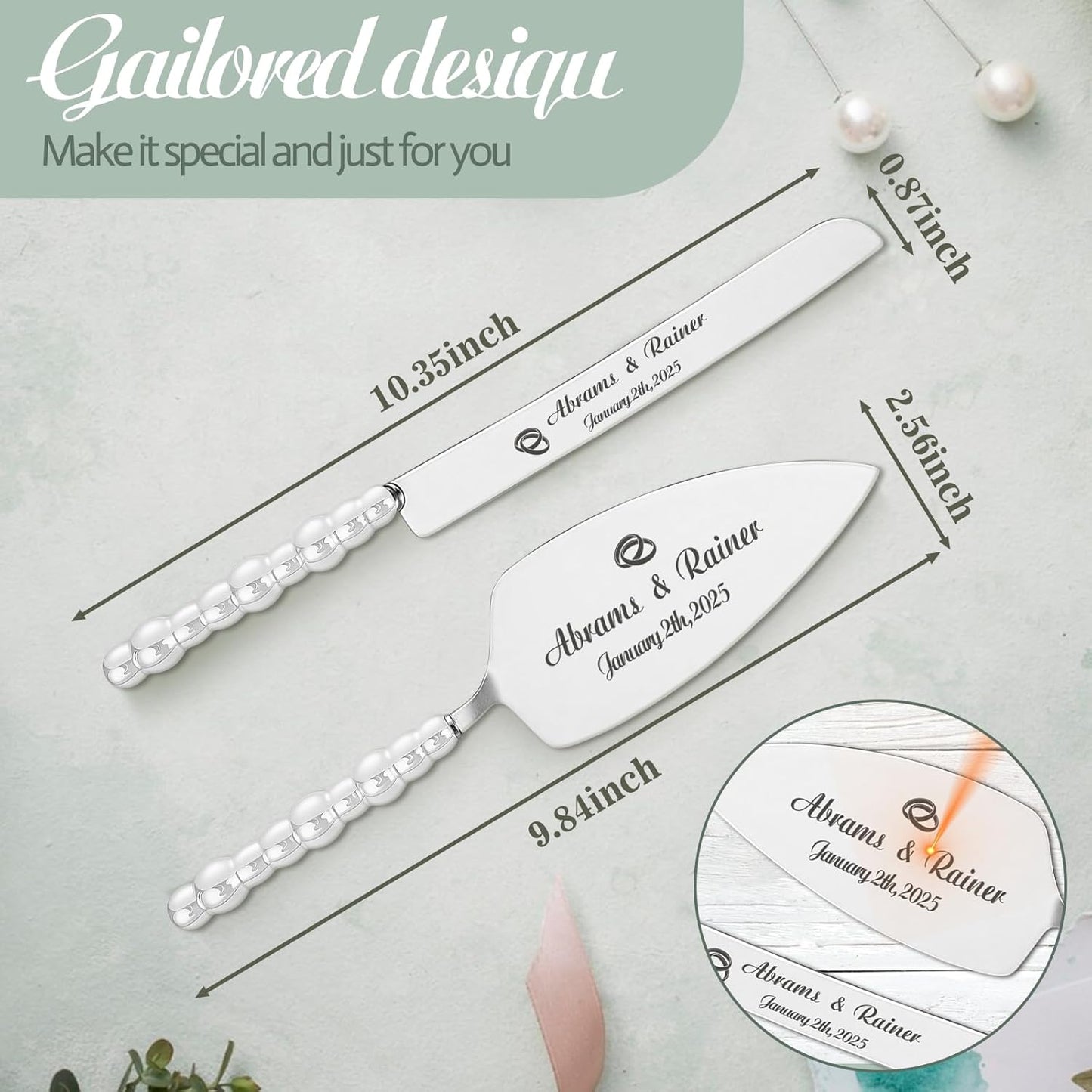 HJX Personalized Wedding Cake Knife and Server Set with Champagne Flutes, Custom Name Text Toasting Glasses for Bride and Groom, Cake Cutting Set Ideal Wedding Engagement Bridal Shower Gift