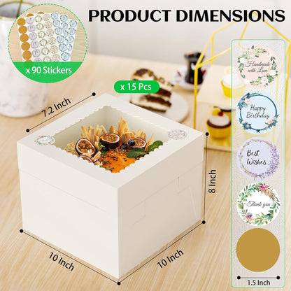 TLAZZ 15 Pcs 10x10x8 Inch Tall Cake Boxes with Window, White Square Cheesecake Bakery Boxes, Large Cardboard Cake Baking Boxes with 90 Stickers for Cakes, Pies, Wedding, Birthday Party