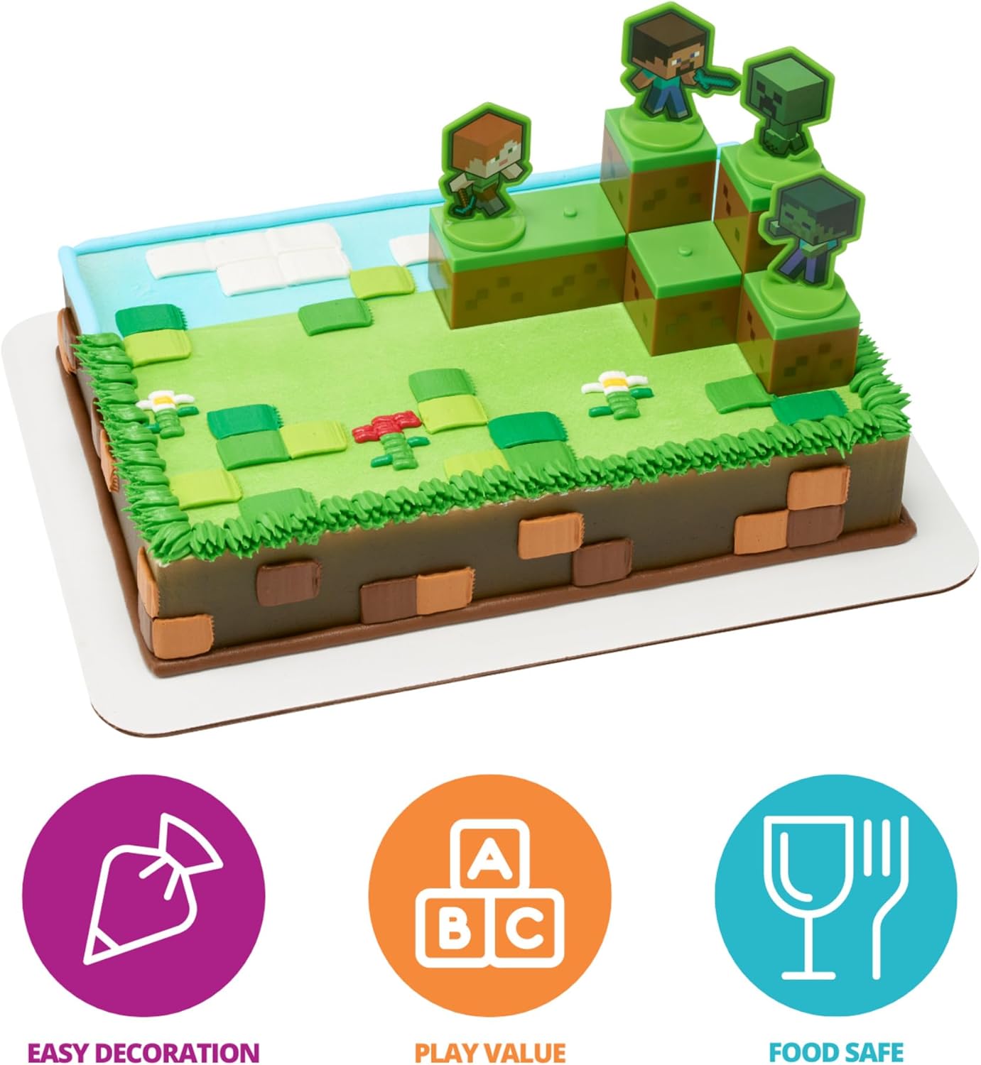 DecoPac Minecraft Lush Finds Rings, Cupcake Decorations Featuring Creeper, Alex, Steve and Axolotl! Multicolored 3D Food Safe Cake Toppers – 24 Pack