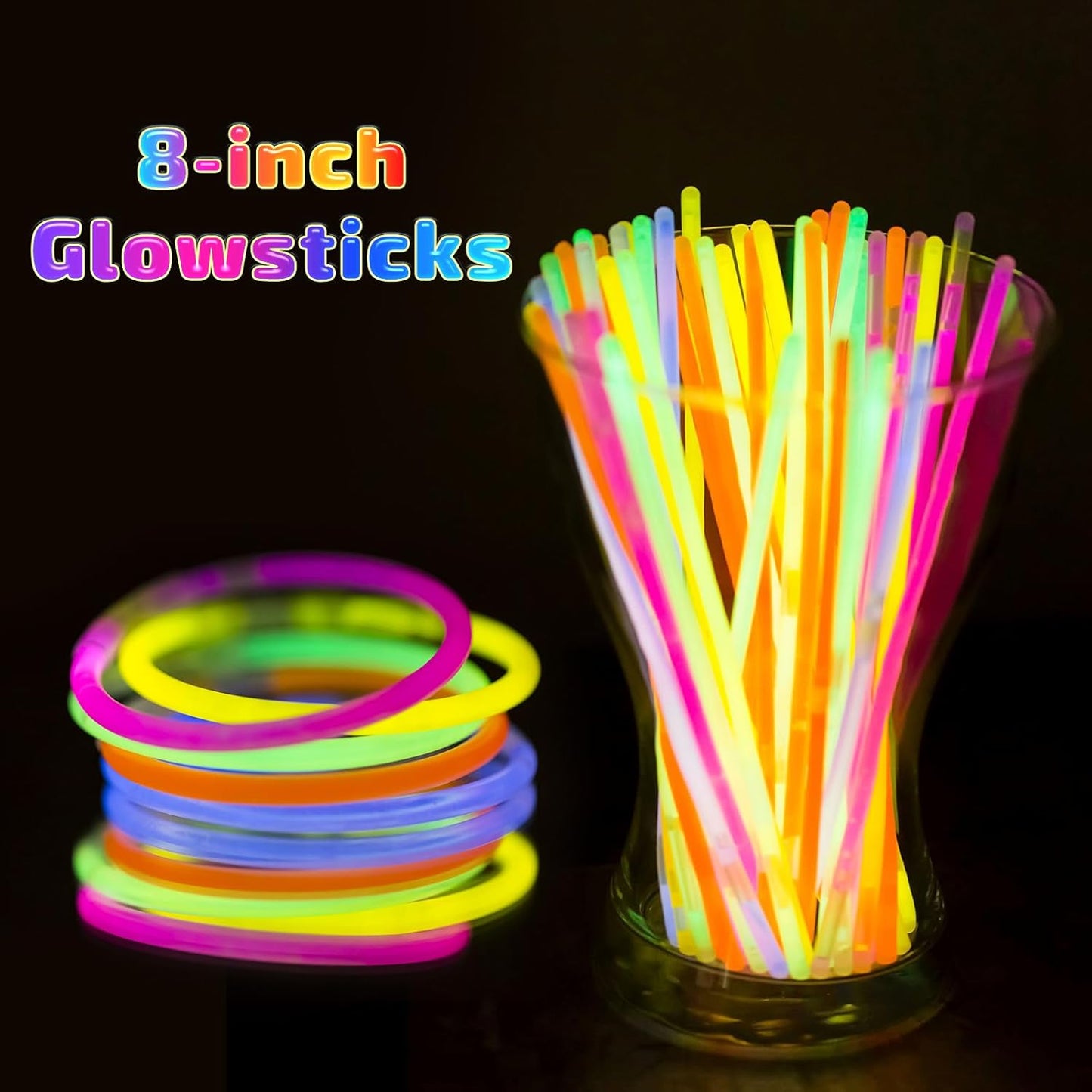 HONLYNE 100 Pack Glow Sticks Party Favors Bulk, 8" Glow in the Dark Party Supplies, Party Favors for Kids 8-12, Neon Glow Stick Bracelets & Necklaces for Raves, Halloween, Christmas, Birthdays