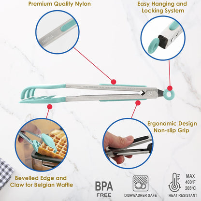 Mini Waffle Tongs by StarBlue Green – 8 Inches Silicone and Nylon Serving Tongs with Non-Slip Smooth Handles, Non-Scratch and Dishwasher Safe, Multipurpose Spatula for Belgian Waffle Serving