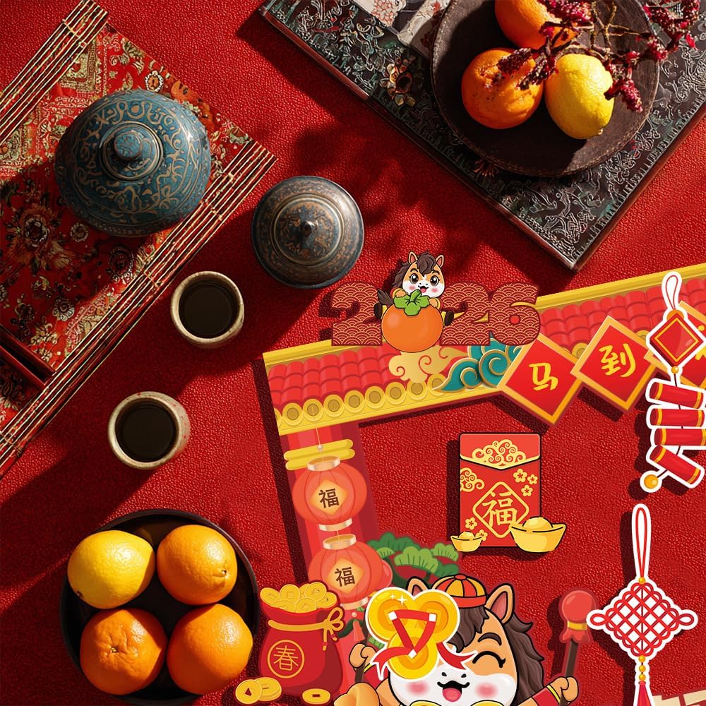KYMY 2026 Chinese New Year Photo Booth Props Kit, 1 Selfie Frame & 24 Photo Booth Props, Zodiac Horse Year Spring Festival Festive Selfie Accessories for Asian Lunar New Year Party Favors