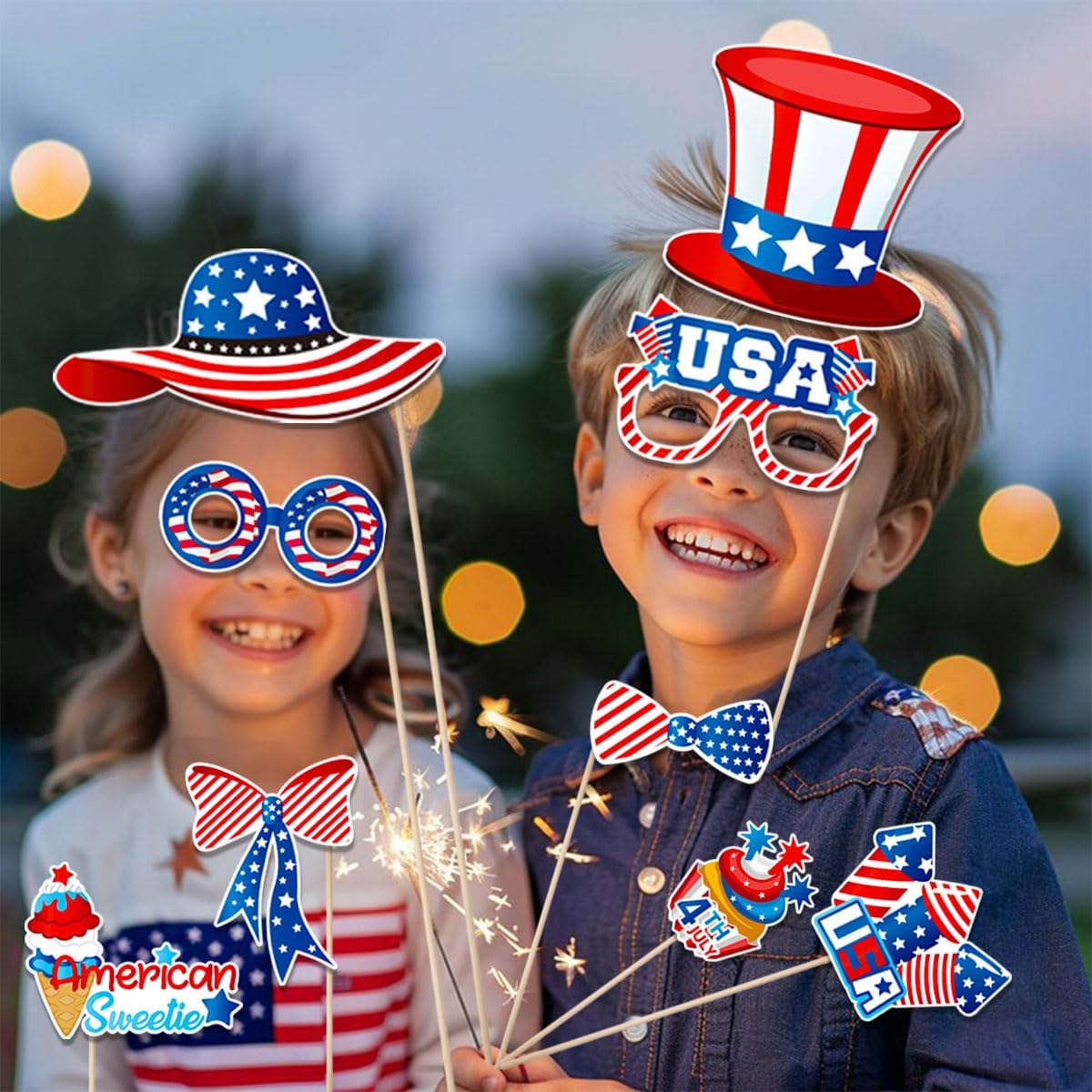 Independence Day Photo Booth Props with Sticks,4th of July Photo Booth Props,Patriotic Party Decorations (25CT)