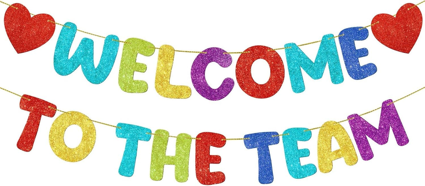 Fulmoon Pre Strung Welcome to The Team Banner with Two Heart Signs, NO DIY, Glitter Welcome Party Supplies for New Employee, Coworker, Colleague, Staff, Team Member Office Decorations(Champagne Gold)