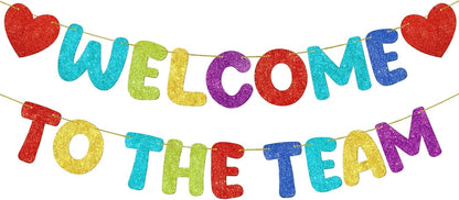 Fulmoon Pre Strung Welcome to The Team Banner with Two Heart Signs, NO DIY, Glitter Welcome Party Supplies for New Employee, Coworker, Colleague, Staff, Team Member Office Decorations(Champagne Gold)