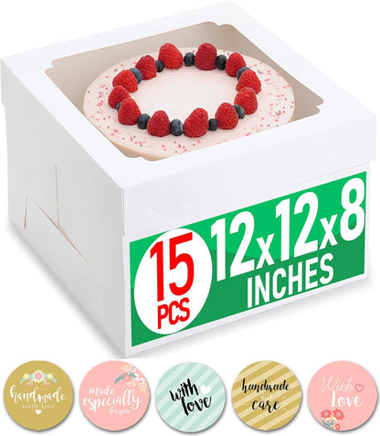 12x12x8 Inch Cake Boxes 20 pcs, Large 12 Inch Cake Box with Window for 8 Inch Tall Tiered Bakery Cakes, Pies, Sturdy Square White Cardboard, Cake Decorating Supplies (80 Pcs Stickers)