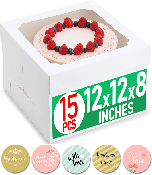 12x12x8 Inch Cake Boxes 20 pcs, Large 12 Inch Cake Box with Window for 8 Inch Tall Tiered Bakery Cakes, Pies, Sturdy Square White Cardboard, Cake Decorating Supplies (80 Pcs Stickers)