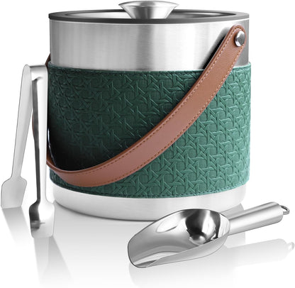 Bakpoco Double-Wall Vacuum Insulated Ice Bucket with Lid, Scoop, Ice Tong, Strainer & Leather Handle Keep Ice Frozen Longer Large Wine Ice Buckets for Cocktail Bar,Parties Chilling Beer Champagne 3L