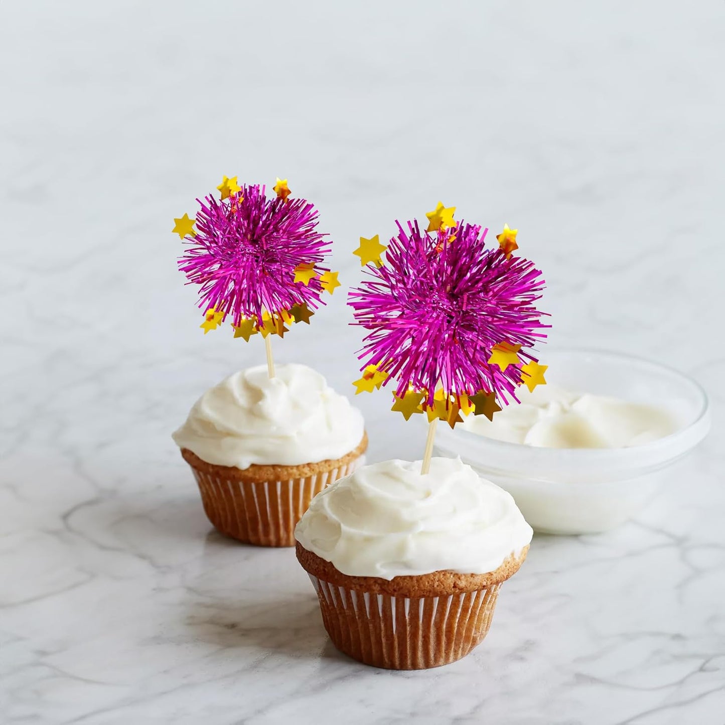 Ephlyn 30Pcs Foil Firework Cupcake Toppers Sparkle Tinsel Cupcake Picks Drink Stirrers Cocktail Food Fruit Toothpicks for Baby Shower Graduation Party Supplies White