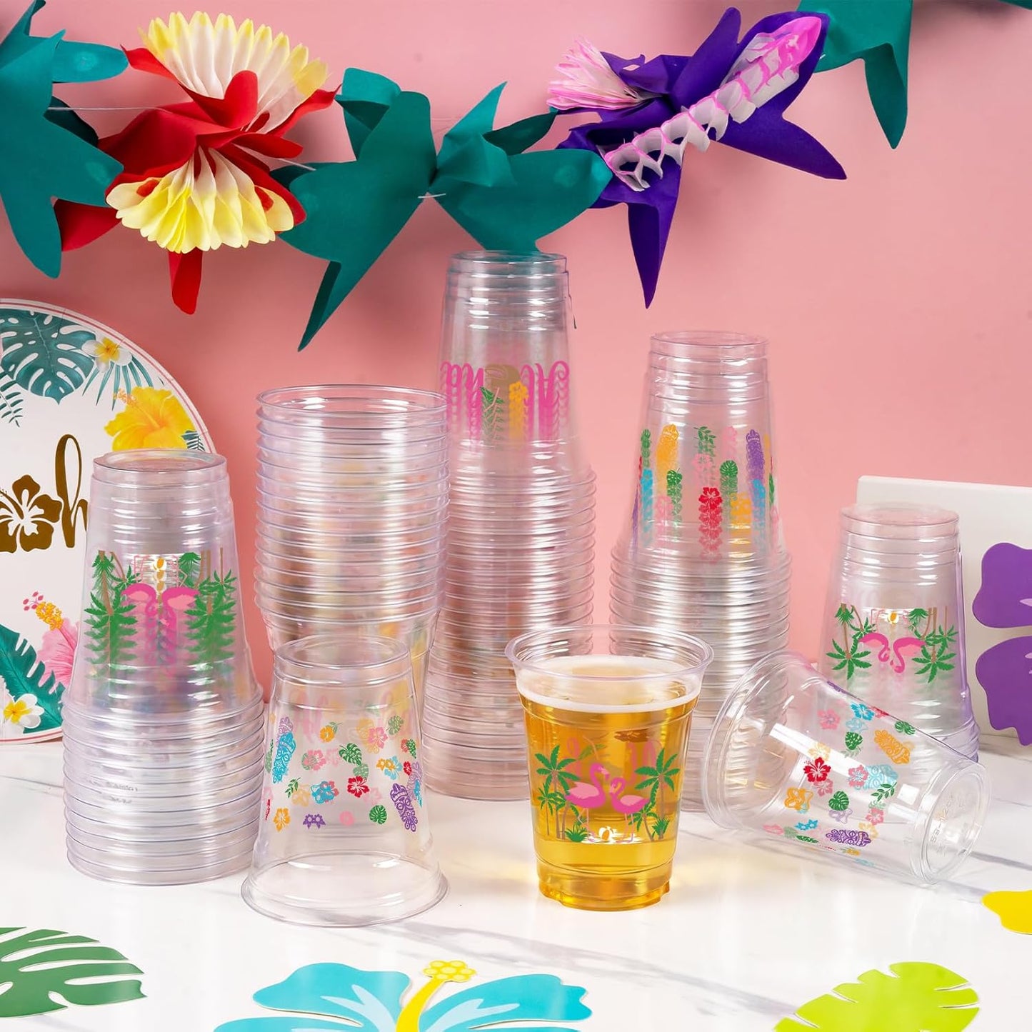 GuassLee 50 Luau Cups for Hawaiian Luau Party Decorations, 12 OZ Tiki Tropical Plastic Disposable Cups for Pool Flamingo Tiki Birthday Party Decor Supplies