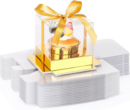 EUSOAR Individual Cupcake Holder, 50pcs 3.5 Inch Plastic Black Cupcake Containers with Lids, Single Transparent Display Clear Cupcake Carrier with Ribbon and Inserts for Wedding Party Favor