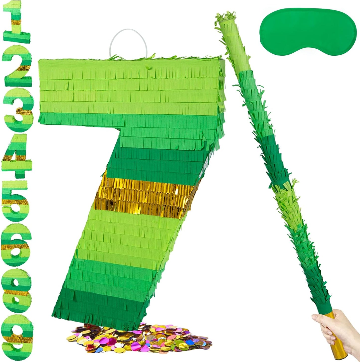 PCFING 20 Inch Number 1 Piñata Green Gold with 30 Inch Piñata Stick Blindfold Confetti for Boy Girl Adults Birthday Party Decorations, Anniversary Celebration, Fiesta