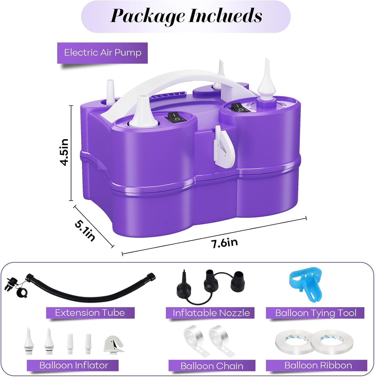 Togvu Electric Balloon Pump, 3-in-1 Portable Air Pump for Inflatables and Balloons, Dual Nozzle Balloon Blower Machine for Latex 260q Foil Balloons 110V Inflator Deflator for Pool Floats Air Mattress