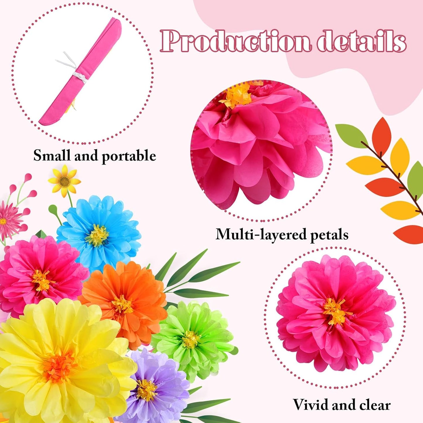 Watersay 12 Pcs 10" 20" Giant Mexican Fiesta Paper Flowers Colorful Tissue Crepe Flowers Pom Poms Craft for Floral Party Backdrop Wedding Birthday Party (Dusty Color)