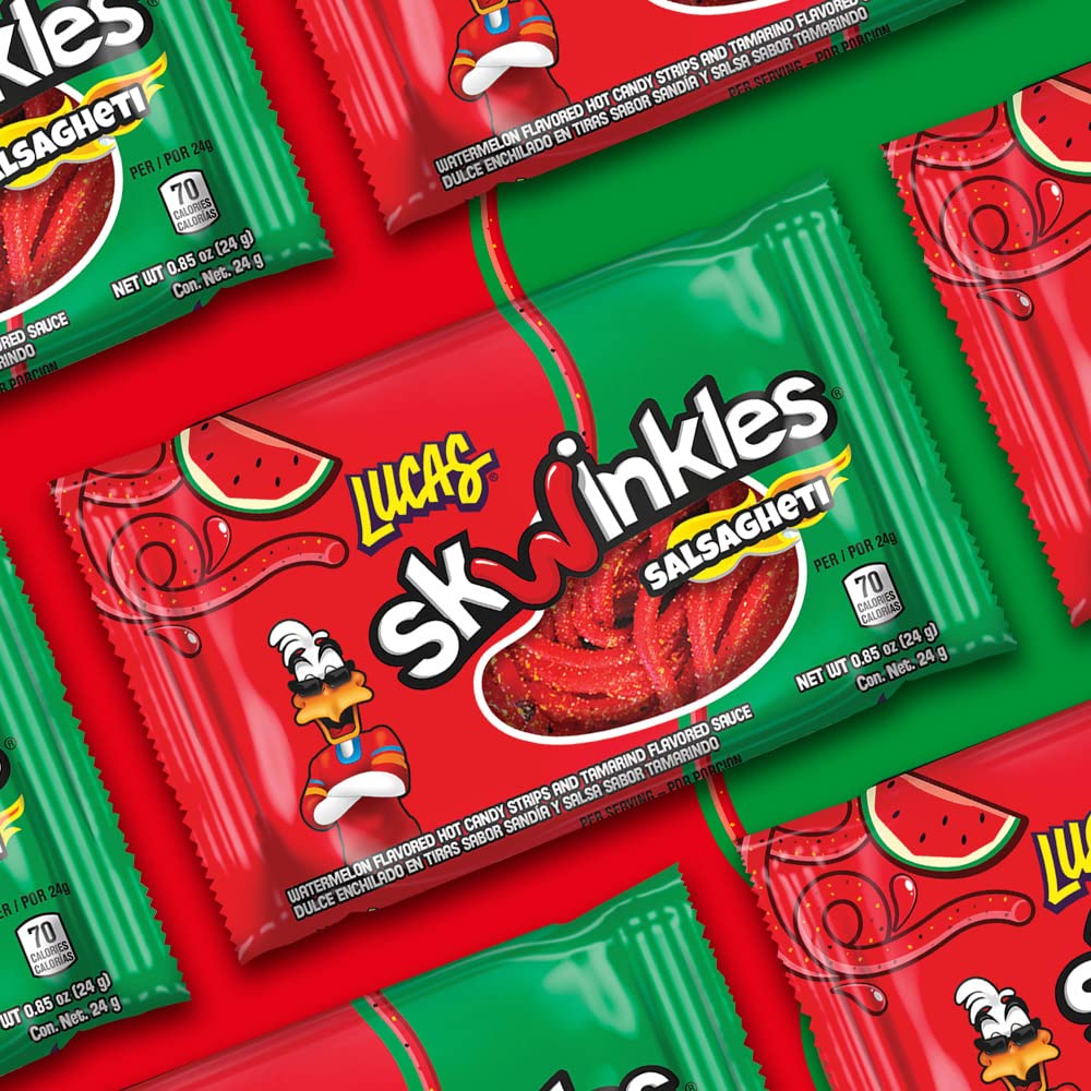 Lucas Salsagheti Watermelon Flavored Sweet & Hot Candy Strips and Tamarind Flavored Sauce, 0.84 oz - 12 Pieces Pack for Treats, Snack, Parties, Piñatas – Sweet