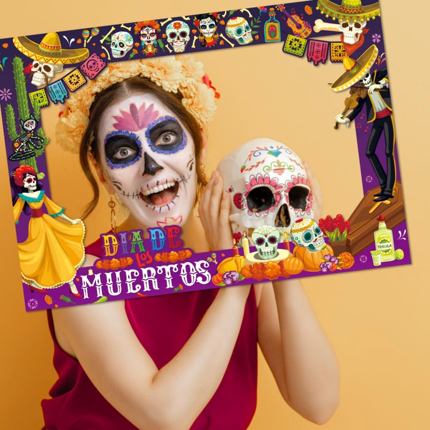 Day of The Dead Photo Booth Props Kit- 30Pcs Día de Los Muertos Party Selfie Props with Photo Booth Frame Cinco de Mayo Sugar Skull Photo Props for Mexican Halloween Party Decoration Supplies