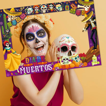 Day of The Dead Photo Booth Props Kit- 30Pcs Día de Los Muertos Party Selfie Props with Photo Booth Frame Cinco de Mayo Sugar Skull Photo Props for Mexican Halloween Party Decoration Supplies